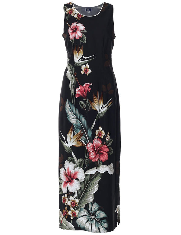 Long Maxi Hawaiian Dress Birds of Paradise Hibiscus Black
