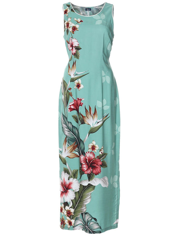 Long Maxi Hawaiian Dress Birds of Paradise Hibiscus Green