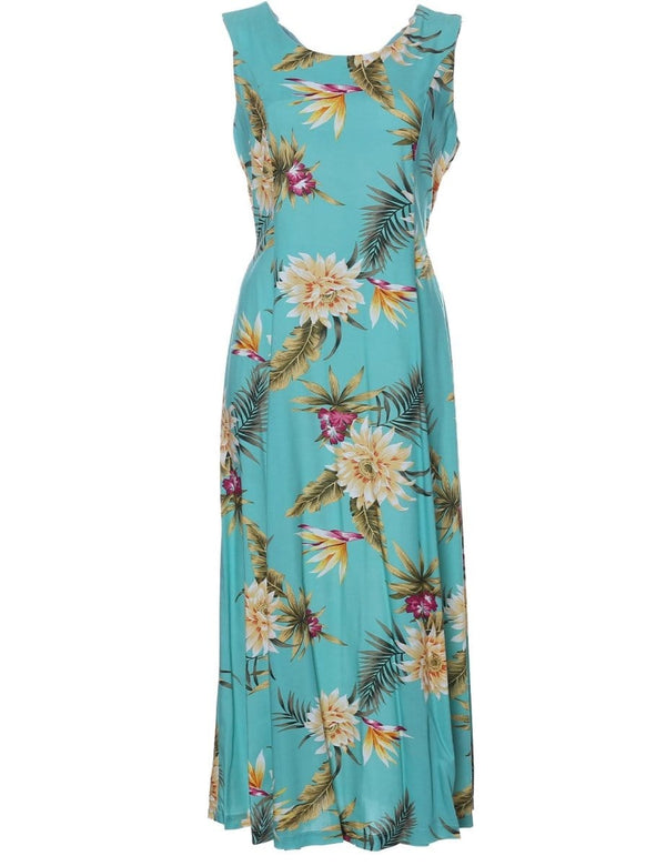 Long Hawaiian Dress Ceres Green Tie-Back Green