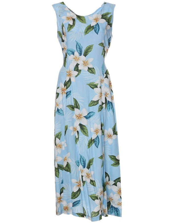 Long Hawaiian Dress Plumeria Sky Tie-Back