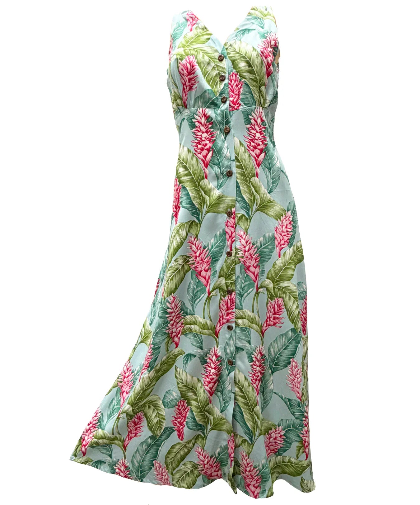 Long Maxi Cocktail Hawaiian Dress Red Ginger Aqua / S Long Maxi Cocktail Hawaiian Dress Red Ginger Aqua / S