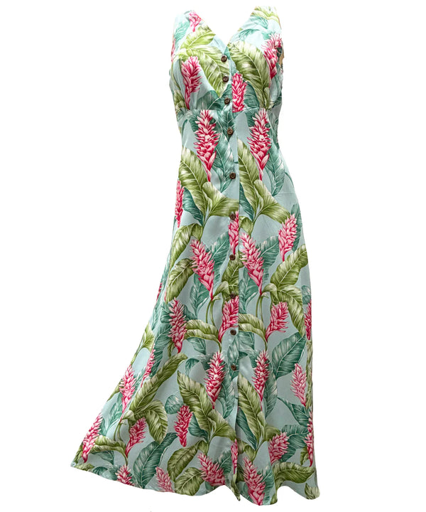 Long Maxi Cocktail Hawaiian Dress Red Ginger Aqua