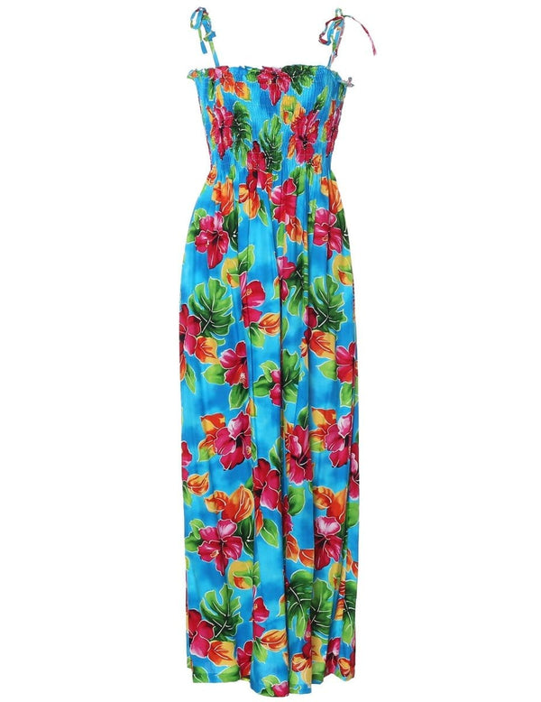 Long Hawaiian Smock Dress Hibiscus Watercolor Blue Fits XS to XL (2-16)