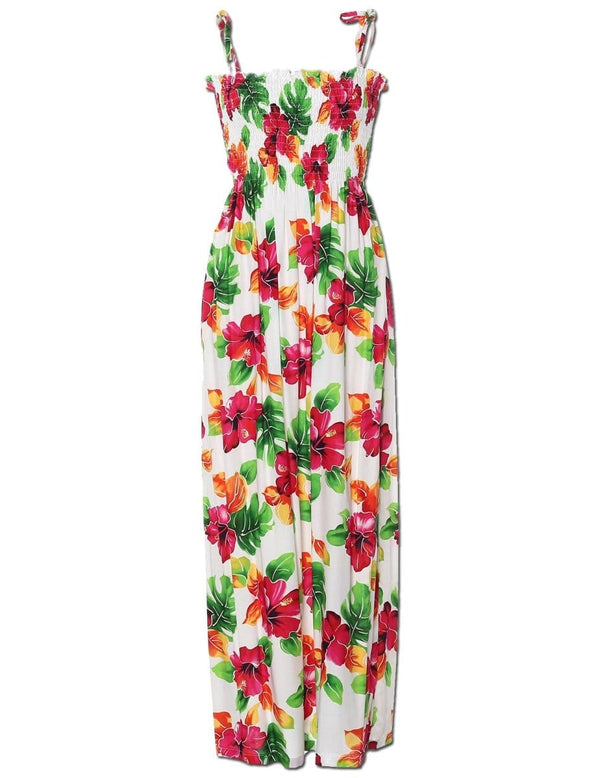 Long Hawaiian Smock Dress Hibiscus Watercolor White Fits XS to XL (2-16)