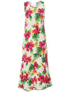 Long Maxi Hawaiian Dress Hibiscus Watercolor White