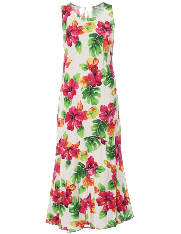 Long Maxi Hawaiian Dress Hibiscus Watercolor White