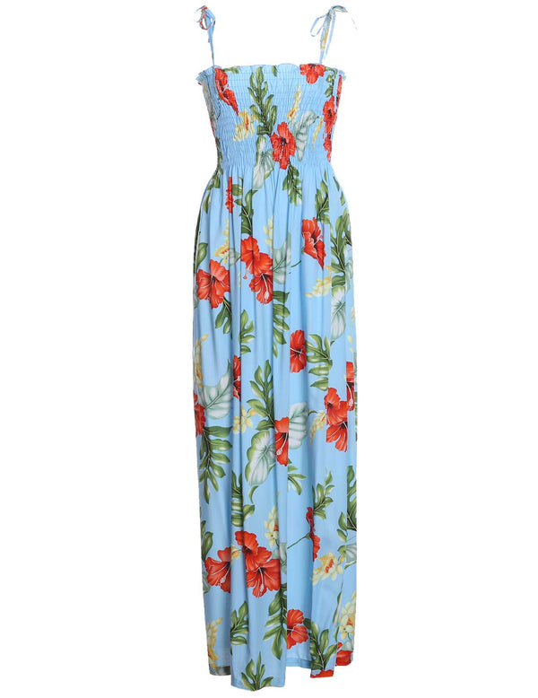 Maxi Long Smock Hawaiian Dress Lanai Monstera Sky Blue Fits XS to XL (2-16) Two Palms