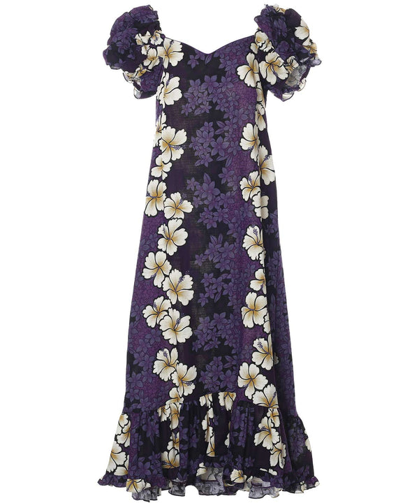 Long Muumuu Dress Royal Hibiscus with Sleeves Purple