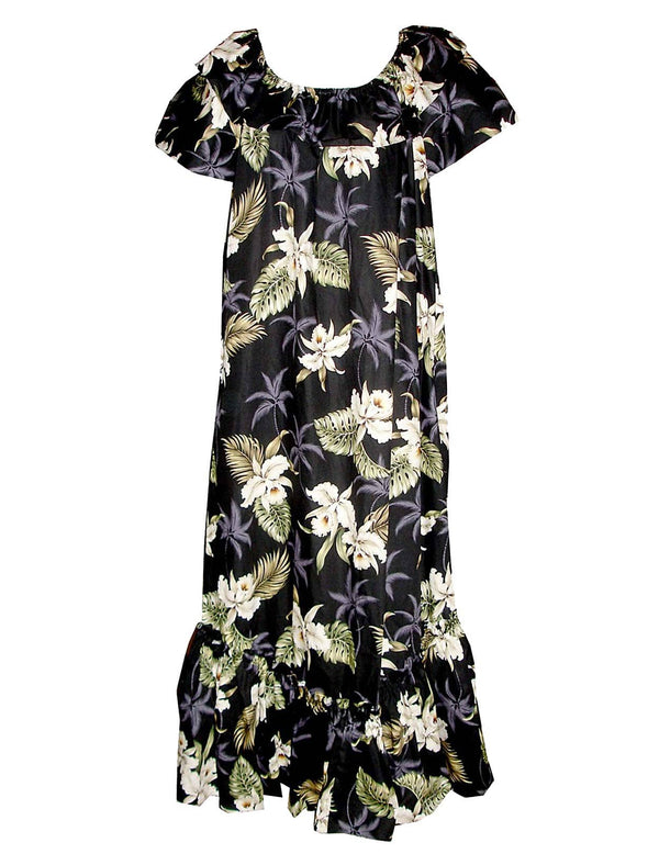 Orchids Makani Muumuu Hawaiian Dress Black