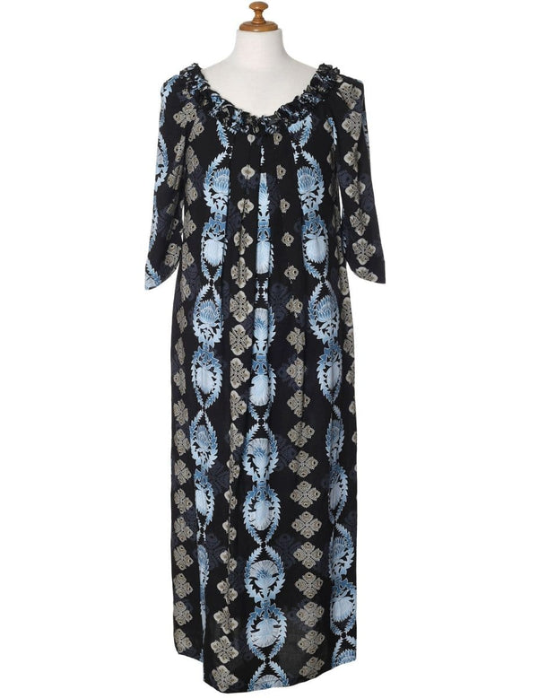 Long Muumuu Dress 3/4 Sleeve Kamamalu Black Hilo Hattie