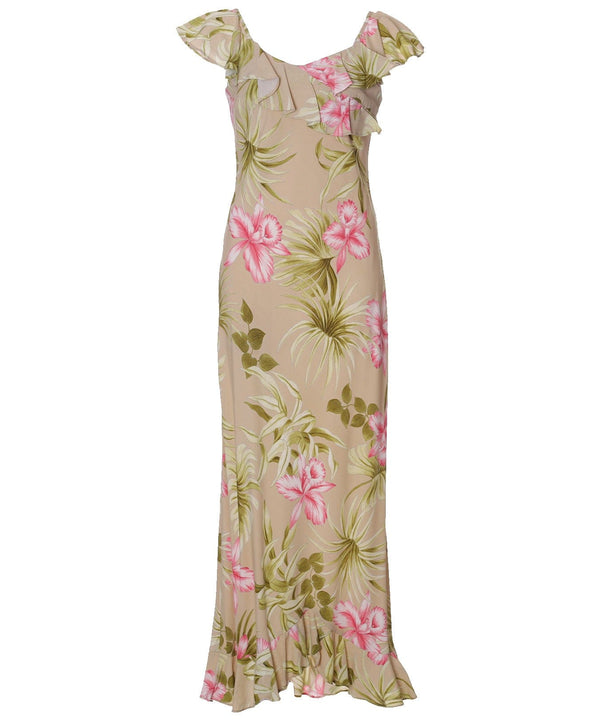 Long Ruffled Muumuu Dress Orchid Beauty Beige