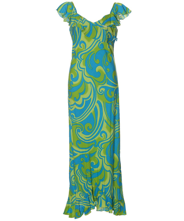 Waves Long Ruffled Muumuu Dress Blue