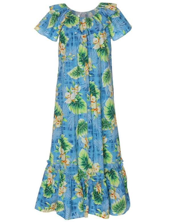 Long Muumuu Dress Relaxed Fit Orchids Kekala Light Blue
