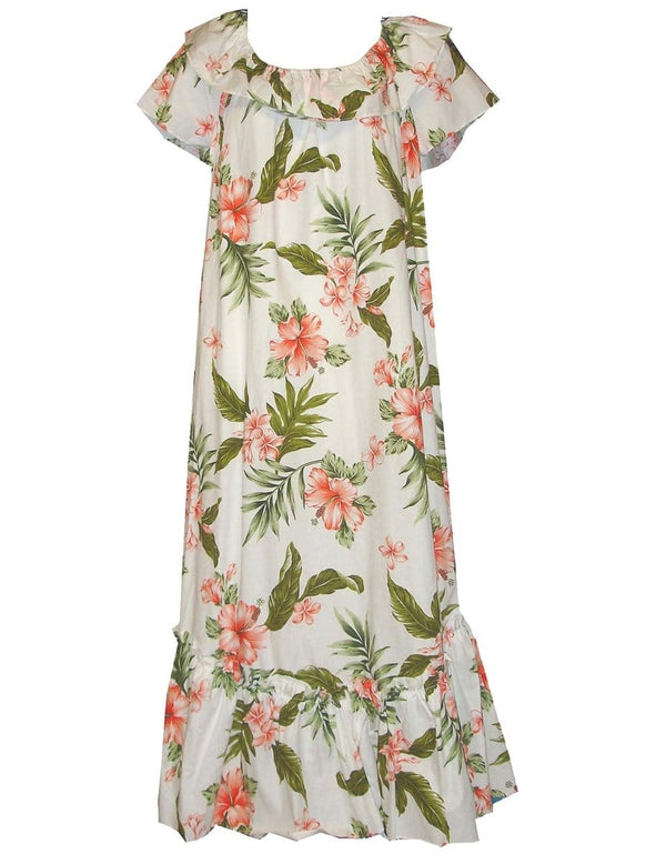 Long Muumuu Hawaiian Dress Kahua Plumeria Coral