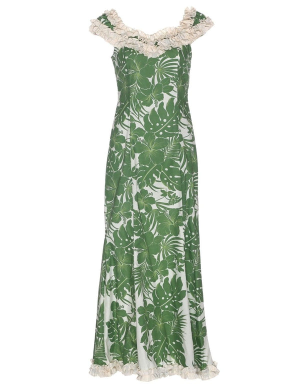 Long Muumuu Ruffle Dress Flower Lei Hibiscus Panel Green