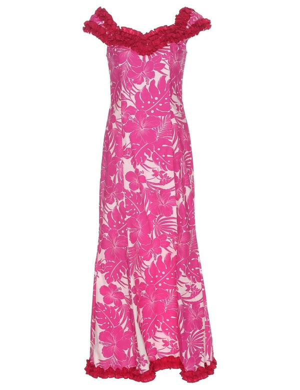 Long Muumuu Ruffle Dress Flower Lei Hibiscus Panel Pink