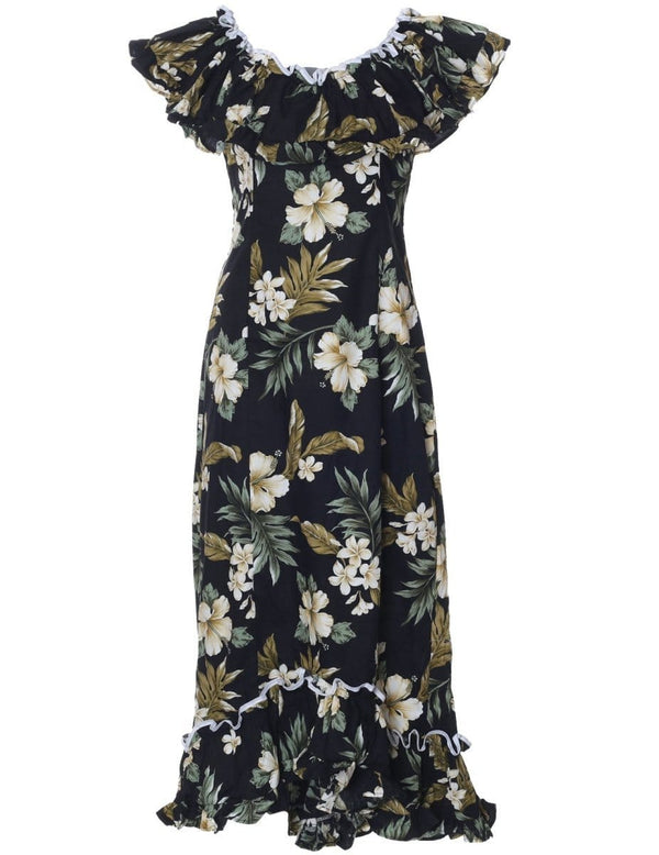 Long Ruffle Muumuu Dress Kahua Plumeria Black