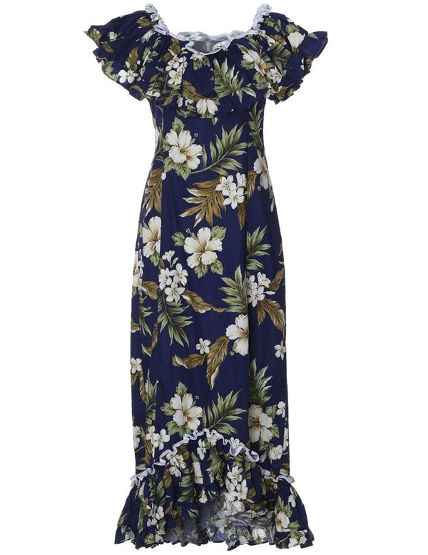 Long Ruffle Muumuu Dress Kahua Plumeria Navy