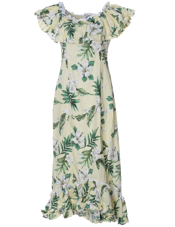 Long Ruffle Muumuu Dress Kahua Plumeria Yellow