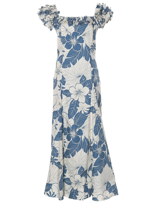 Long Ruffle Muumuu Dress Lanai Adventure Blue