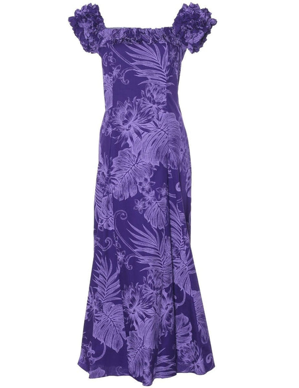Long Ruffle Purple Muumuu Dress Monstera Ceres Purple
