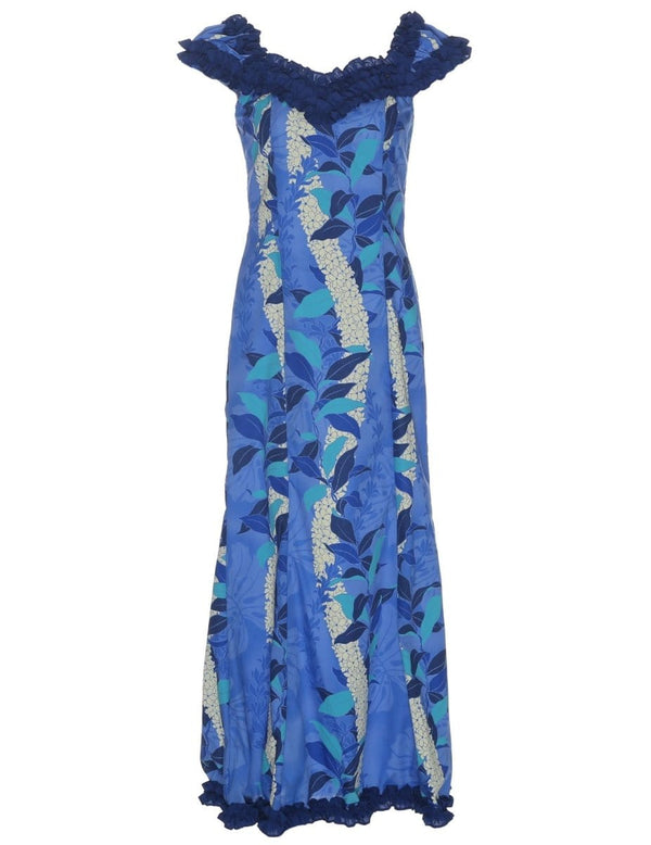 Long Ruffled Muumuu Dress Ilima Flower Lei Blue
