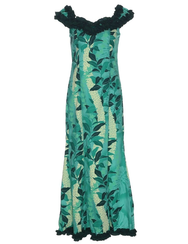 Long Ruffled Muumuu Dress Ilima Flower Lei