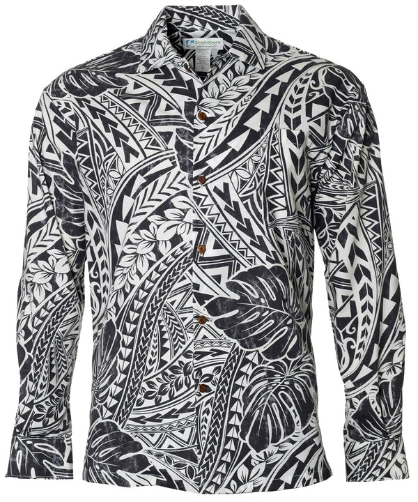 Long Sleeves Hawaiian Shirt Tribal Malama Black