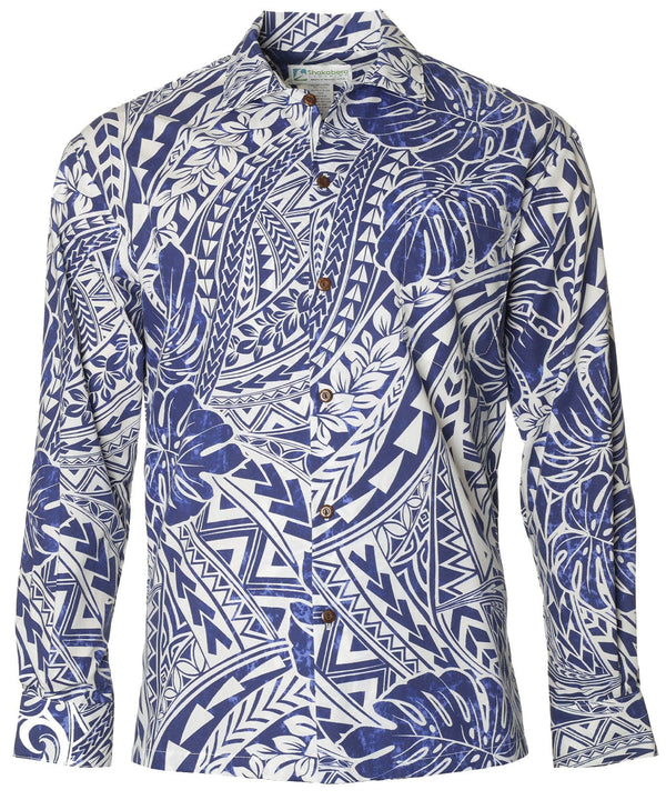Long Sleeves Hawaiian Shirt Tribal Malama Navy