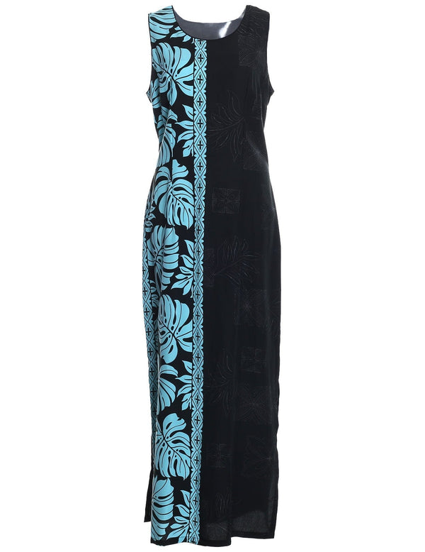 Long Maxi Dress Side Design Prince Kuhio Sleeveless Black-Blue Light Blue