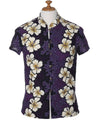 Mandarin Collar Royal Hibiscus Blouse with Cap Sleeves Purple