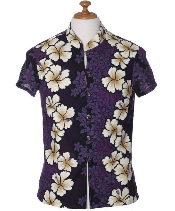 Mandarin Collar Royal Hibiscus Blouse with Cap Sleeves Purple