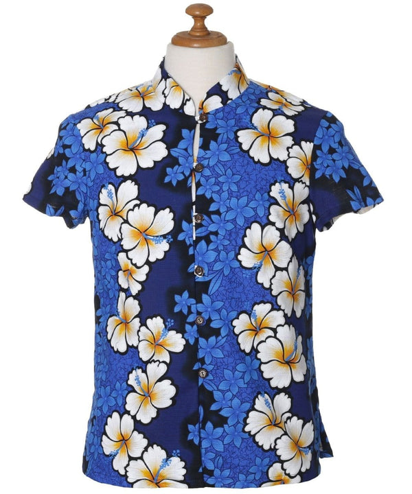 Mandarin Collar Royal Hibiscus Blouse with Cap Sleeves Royal