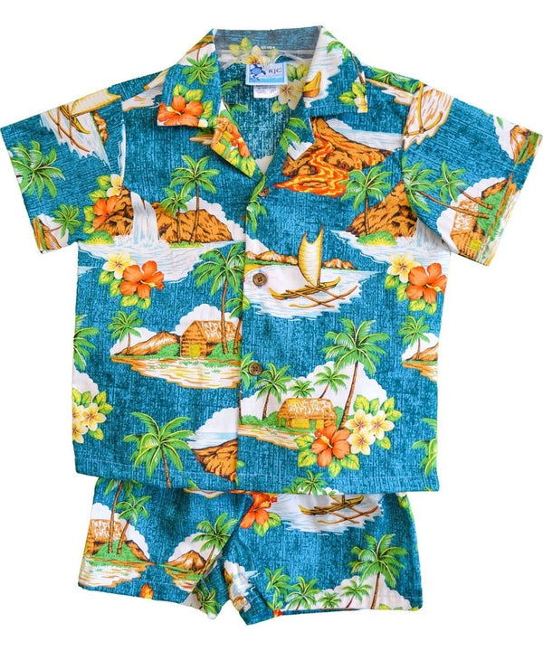 Mauna Loa Toddler Boy's Hawaiian Clothes Set Blue