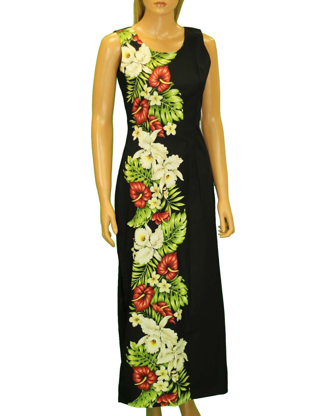 Alika Long Maxi Side Border Band Sleeveless Hawaii Dress Black / 2XL Alika Long Maxi Side Border Band Sleeveless Hawaii Dress Black / 2XL