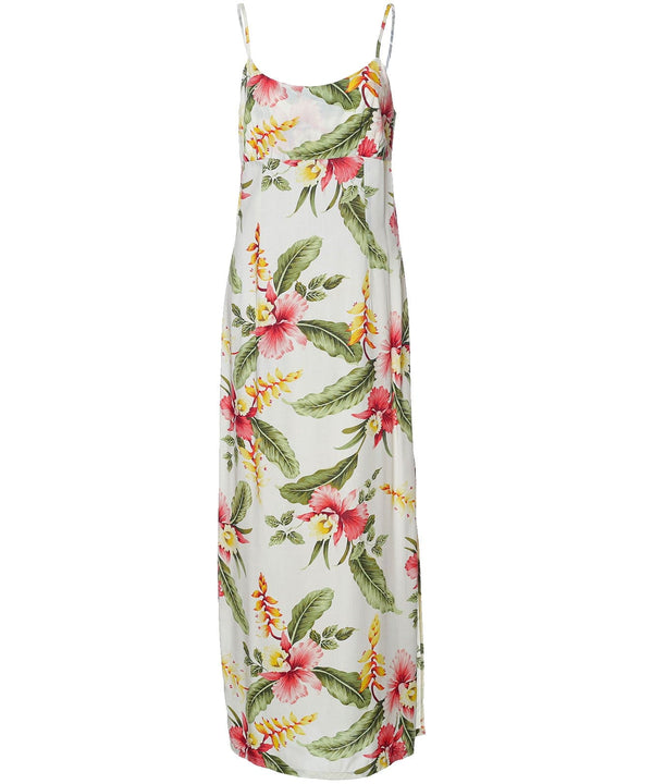 Orchid Pua Long Maxi Hawaiian Dress Skinny Straps Beige Two Palms