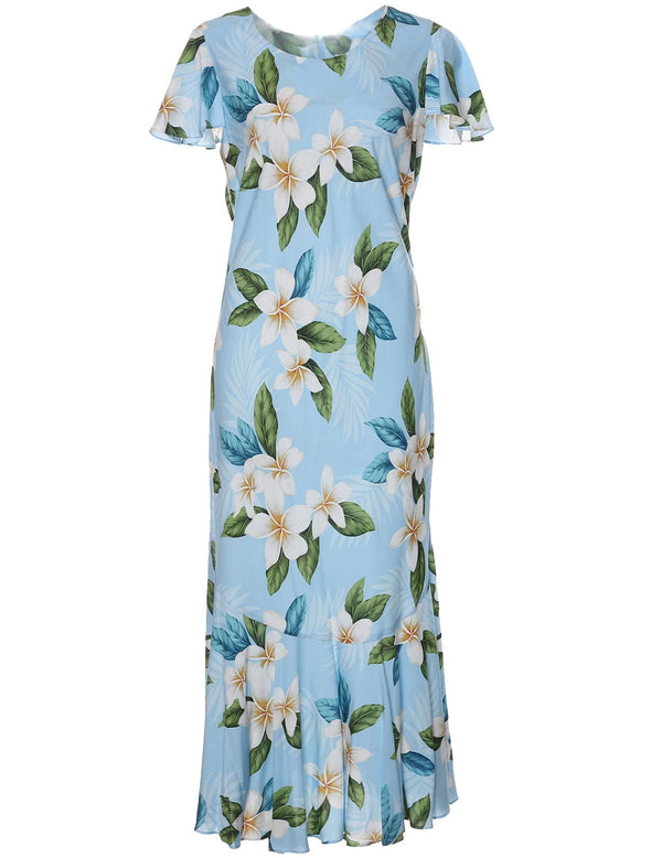 Plumeria Sky Maxi Hawaiian Dress Cap Sleeves Sky Blue