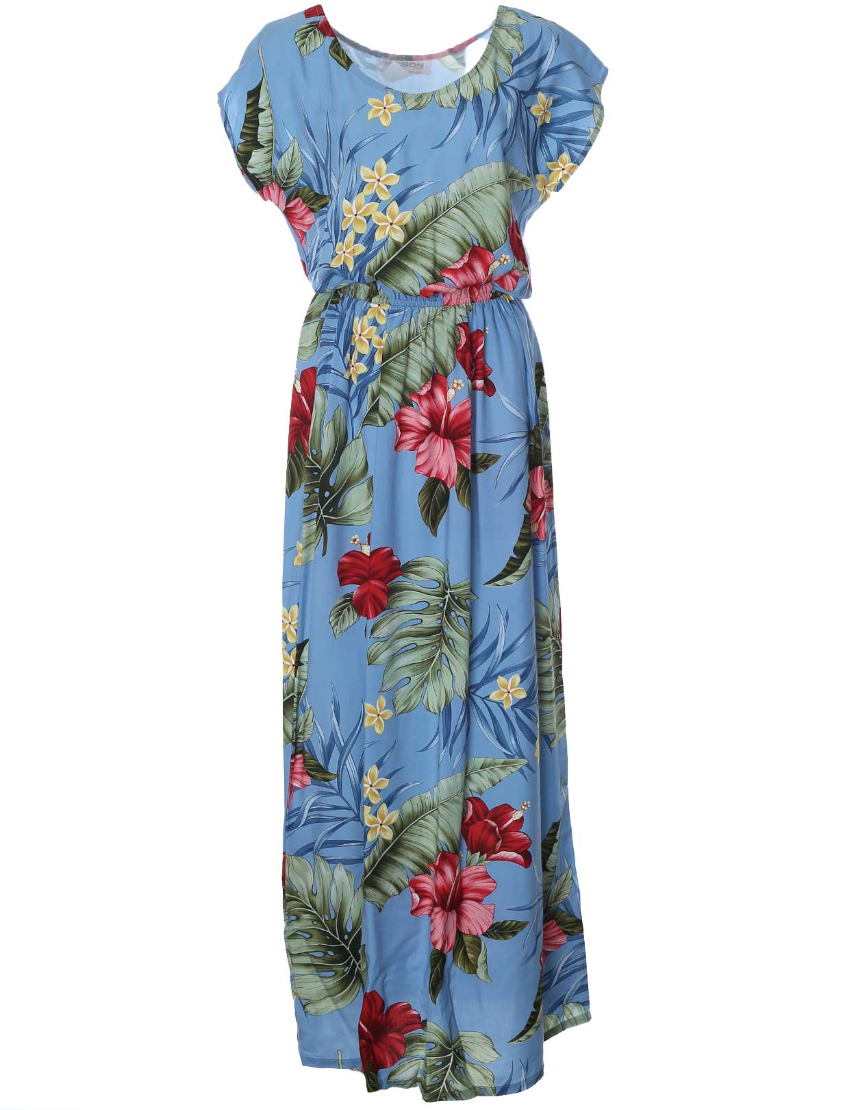 Full Length Dress Cap Sleeves Waipio Hibiscus Blue / S Full Length Dress Cap Sleeves Waipio Hibiscus Blue / S