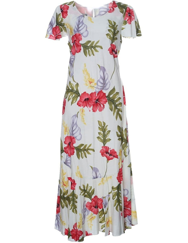 Maxi Hawaiian Dress Cap Sleeves Haiku Aloha Cream