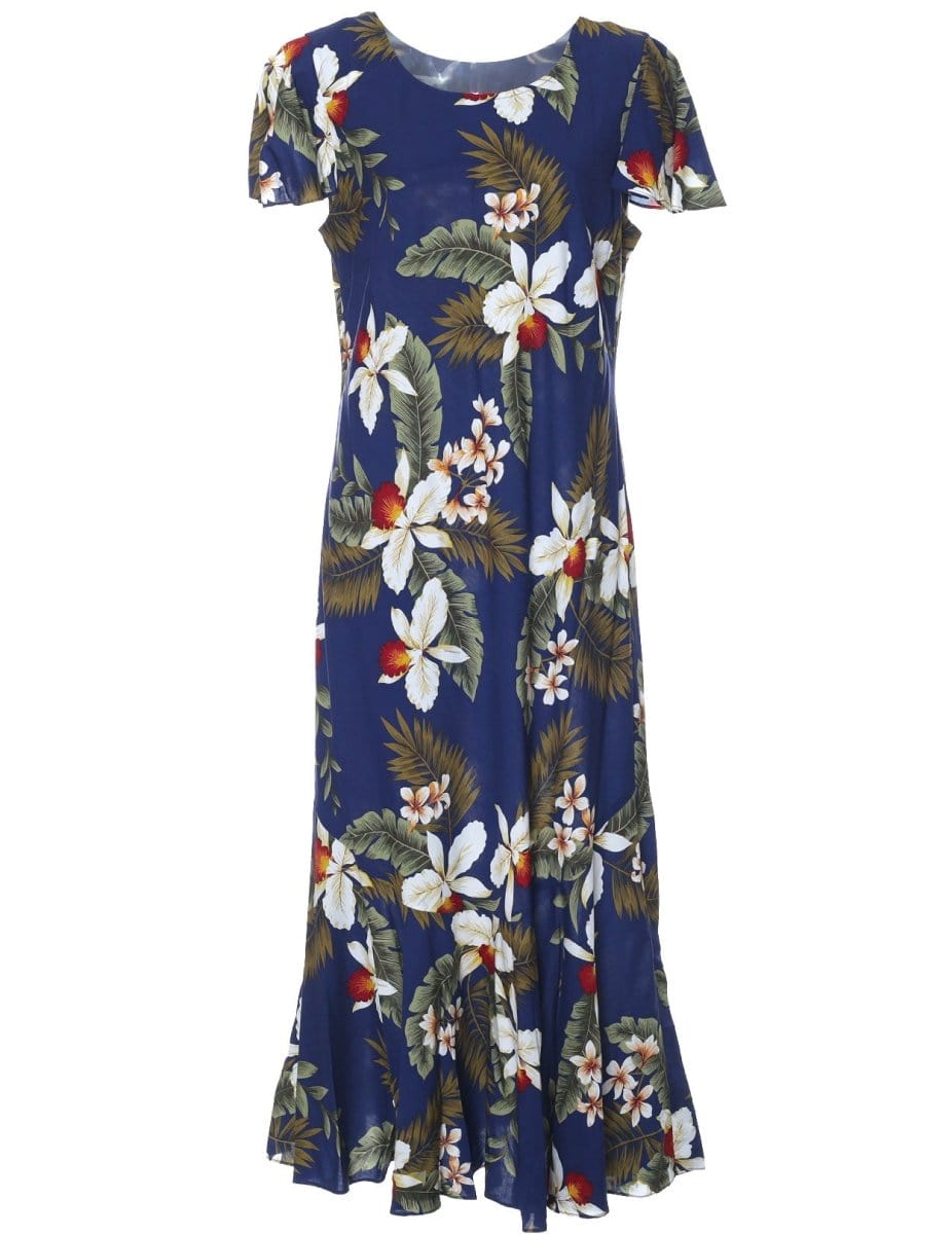 Maxi Hawaiian Dress Cap Sleeves Hanapepe Navy / S Maxi Hawaiian Dress Cap Sleeves Hanapepe Navy / S
