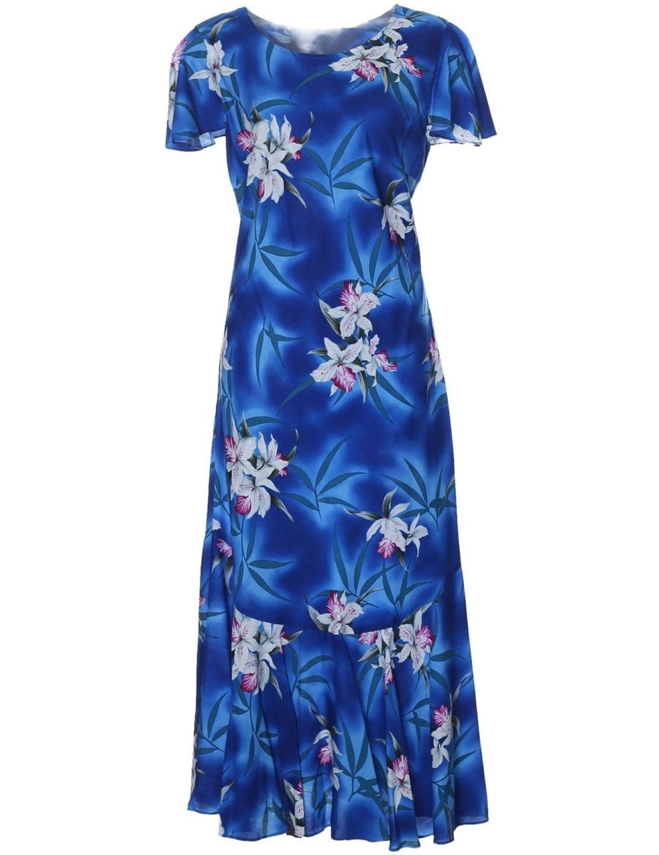 Maxi Hawaiian Dress Cap Sleeves Midnight Orchid Blue / XS Maxi Hawaiian Dress Cap Sleeves Midnight Orchid Blue / XS