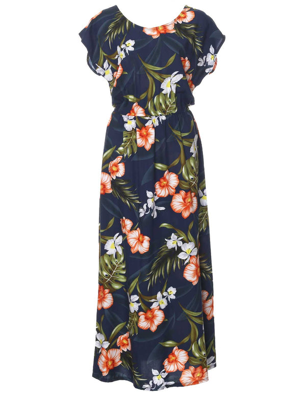 Full Length Dress Cap Sleeves Passion Orchids Navy