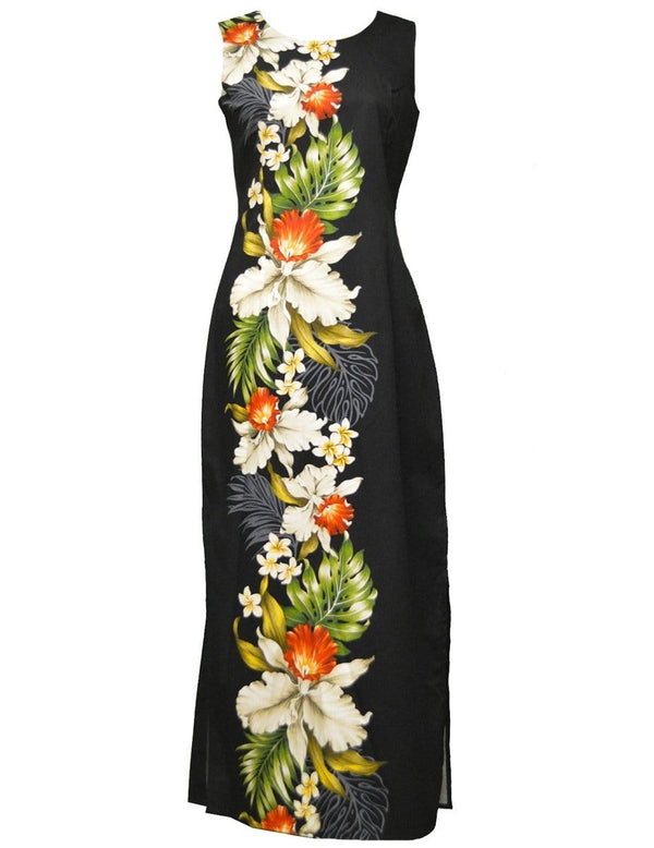 Maxi Long Dress Orchids Koloa Aloha Black