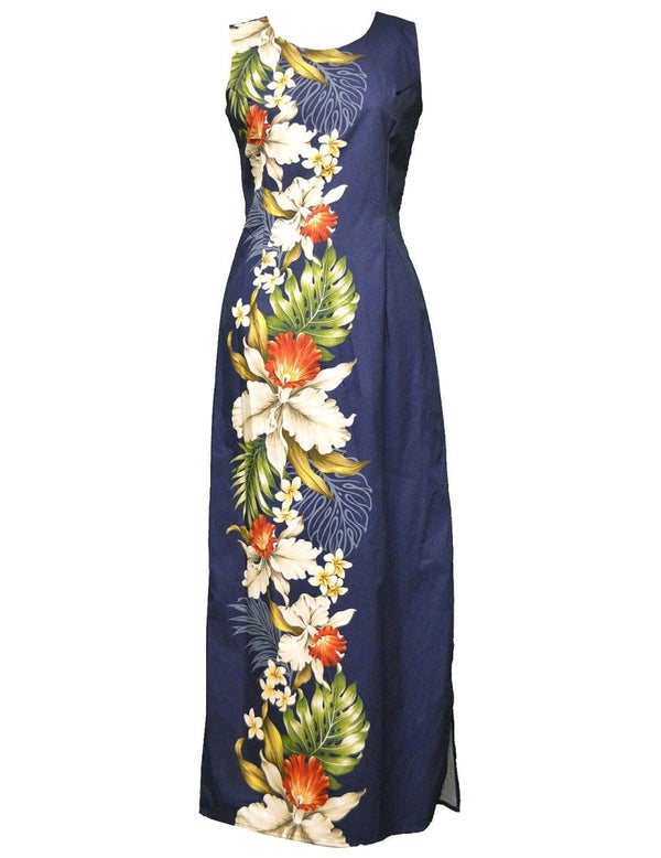Maxi Long Dress Orchids Koloa Aloha Navy