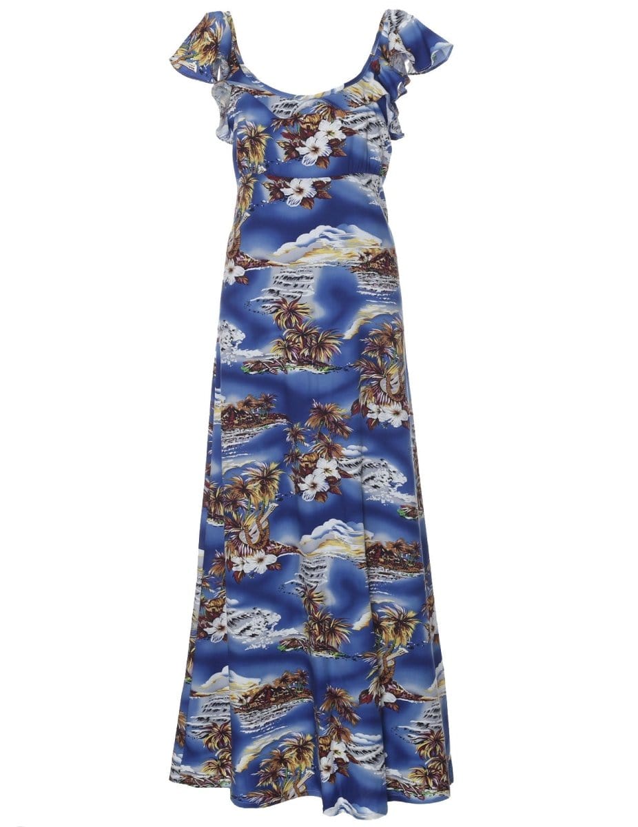 Maxi Long Empire Dress Flutter Sleeve Blue Hawaii Blue / S Maxi Long Empire Dress Flutter Sleeve Blue Hawaii Blue / S