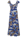 Maxi Long Empire Dress Flutter Sleeve Blue Hawaii