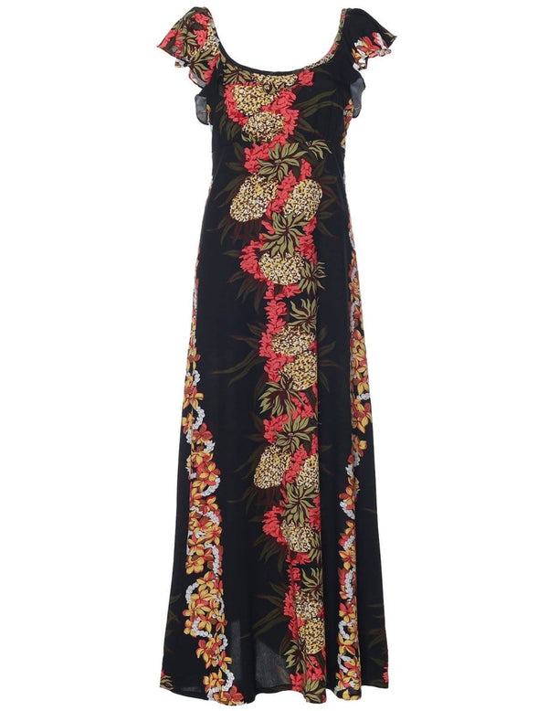 Maxi Long Empire Dress Flutter Sleeve Pineapple Panel Black