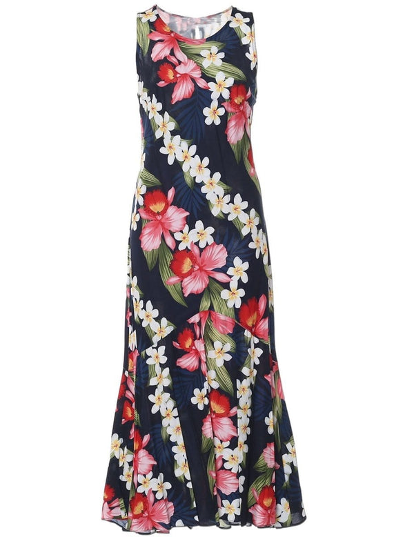 Maxi Long Navy Dress Hawaiian Orchid Panel Navy