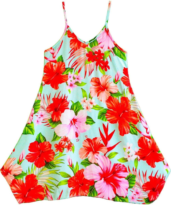 Mega Hibiscus Girls Dress with Scarf Hem Aqua