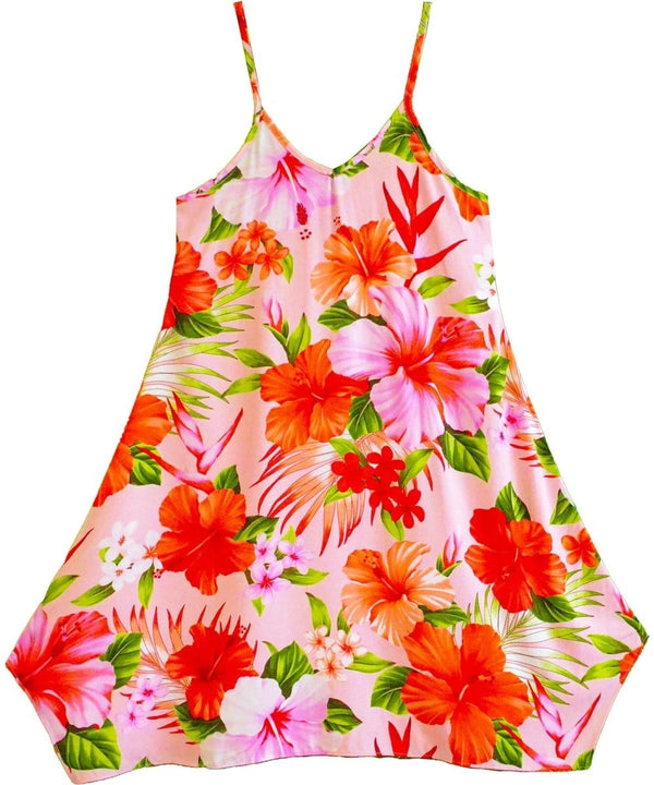 Mega Hibiscus Girls Dress with Scarf Hem Coral